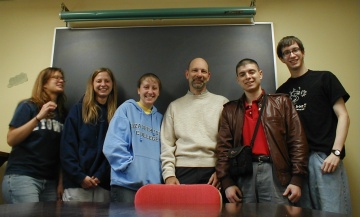 Amy Rawcliffe, Rebecca Shaffer, Jamie Hudzik, Dr. Louis Martin,  Nathan Matias, Brian Hess on the last day of EN380, Metaphysical Poetry, at Elizabethtown College, May 2005