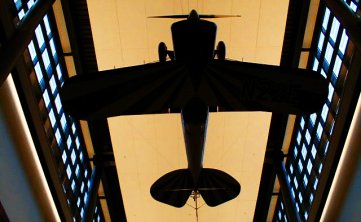 A plane hangs in the entrance of the Steven F. Udvar Hazy museum in Washington D.C.